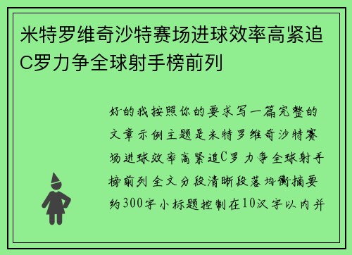 米特罗维奇沙特赛场进球效率高紧追C罗力争全球射手榜前列 米特罗维奇沙特赛场进球效率高紧追C罗力争全球射手榜前列